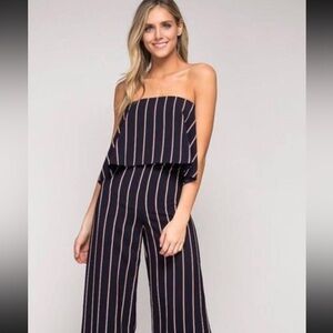 DO+BE Navy Strapless Wide-Leg Jumpsuit with Pink Stripes